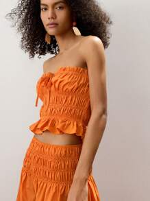 Maija 女式橙色褶饰抽绳弹性前抹胸，性感休闲度假短款衬衫，时尚简约设计 - 橘色 - 查看 7