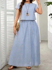 SHEIN LUNE 2pcs Plus Size Women Striped Short Sleeve Round Neck Top And Skirt Set