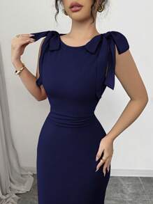 Rafferiza 女士优雅红色长裙，肩部蝴蝶结，合身腰部，褶饰美人鱼下摆