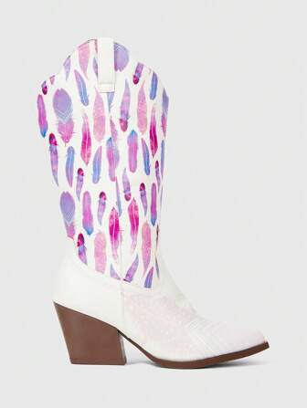 Fairycore Retro Pointed Toe Western Cowboy Boots For Women 2025 New Merrald V-Cut Colorful Feather Decor Chunky Heel Mid-Calf Riding Boots