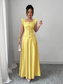 Elenzga Váy Maxi Du Lịch Bohemian Thanh Lịch Cho Nữ, Cổ Chữ V Có Tay Phồng, Thắt Eo, Xếp Ly Dáng Chữ A, Chi Tiết Túi Khóa Kéo, Cài Nút Ngọc Trai, Thích Hợp Cho Mùa Xuân/Hè - Màu vàng - Xem 6