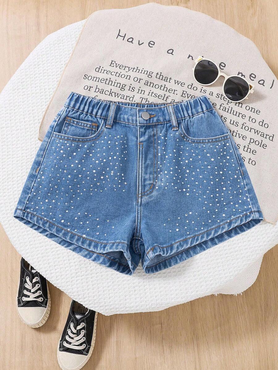 SHEIN Stylish Tween Girls Rhinestone Embellished Medium Wash Denim Shorts With Zipper - Medium Wash - View 1