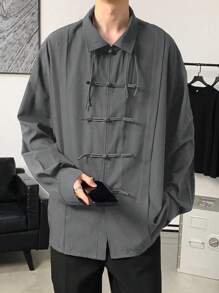 Manfinity Hypemode Men's Loose Fit Simple Casual Plain Button-Down Shirt - Light Grey - View 3