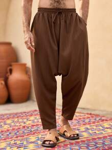 Manfinity VCAY Men's Casual Woven Loose Drawstring Ankle Pants, Brown - Brown - View 3