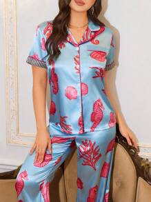 SHEIN Ocean Elements Print Faux Silk Women's Cardigan Pajama Set - Baby Blue - View 4