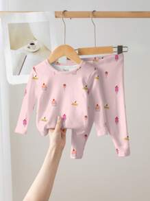 SHEIN Leap Crew Young Girl Minimalist Food Graphic Snug Fit Comfortable Round Neck Long Sleeve & Pants Pajamas, Suitable For Autumn - Multicolor - View 1