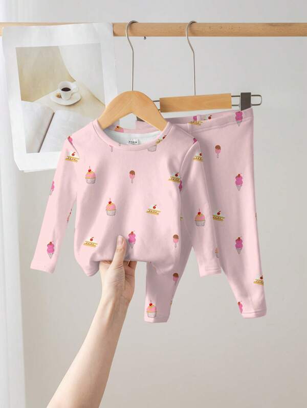 SHEIN Young Girl Minimalist Food Graphic Snug Fit Comfortable Round Neck Long Sleeve & Pants Pajamas, Suitable For Autumn