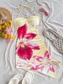 Dreamara 加大码黄色花卉挂脖百褶连衣裙，度假风格 - 彩色 - 查看 1