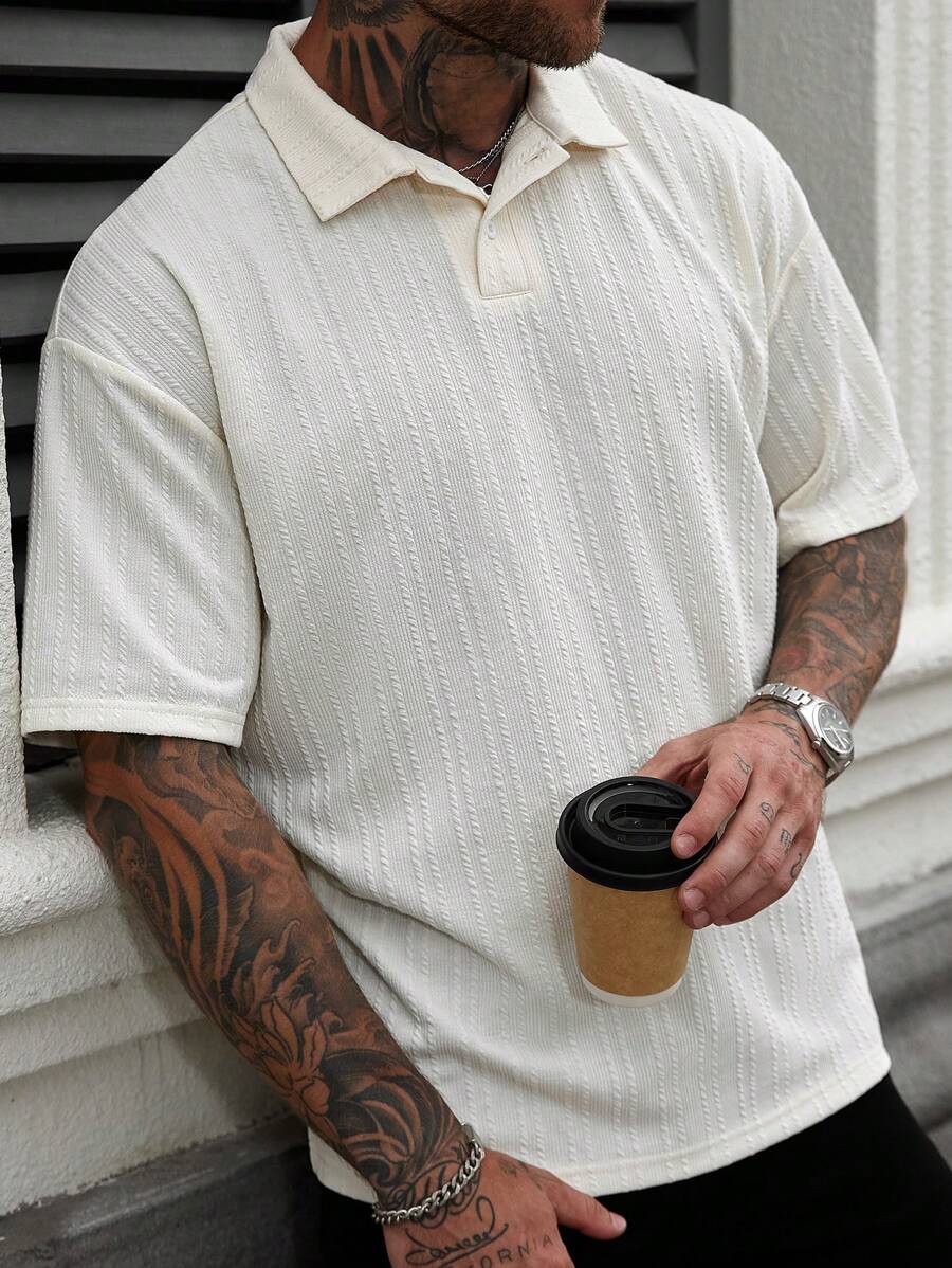 Manfinity Homme Men's Casual Vacation Style, Featuring An INS-Inspired Geometric Diamond-Textured Jacquard Knit Short-Sleeve Polo Shirt. Perfect For Music Festivals, Hawaii Beach Getaways - White - View 1