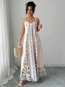 Rafferiza 1 pieza Vestido suelto con estampado floral y tirantes de espagueti para mujer, casual para playa/vacaciones