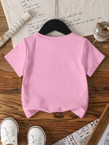 Unico X SHEIN Young Girl Pink Crew Neck Short Sleeve Casual Cartoon Cute Pony Star Print T-Shirt