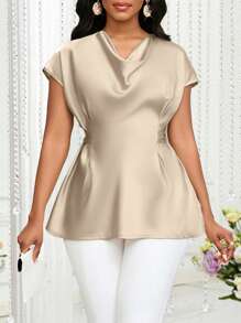 SHEIN Lady Women Solid Color Drape Neck Elegant Short Sleeve T-Shirt, Suitable For Summer - Apricot - View 5