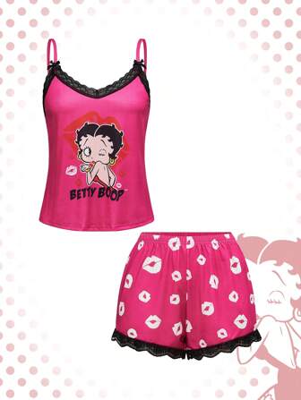 Betty Boop | ROMWE Conjunto de pijama informal de top camisero y shorts con encaje de contraste para mujer