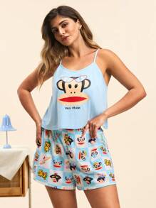 Paul Frank X SHEIN Conjunto de pijama de talla grande para mujer con top de tirantes con estampado de dibujos animados y shorts con estampado de cuadros, ropa de estar en casa de verano