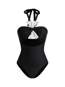 SHEIN Swim Oasis 优雅连体抹胸海滩连体裤 - 黑與白 - 查看 8