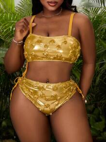 Slaydiva 2pcs Plus Size Women Metallic Pu Rose Decor Camisole + Backless Sports Bra Tankini Swimsuit, Fashion Beach Holiday