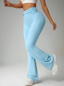Women Solid Color Waist Ruched Daily Fitness Sports Pants - Blue - View 6