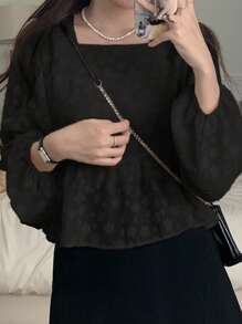 DAZY Women's Simple Textured Lantern Sleeve Ruffle Hem Black Blouse Long Sleeve Top