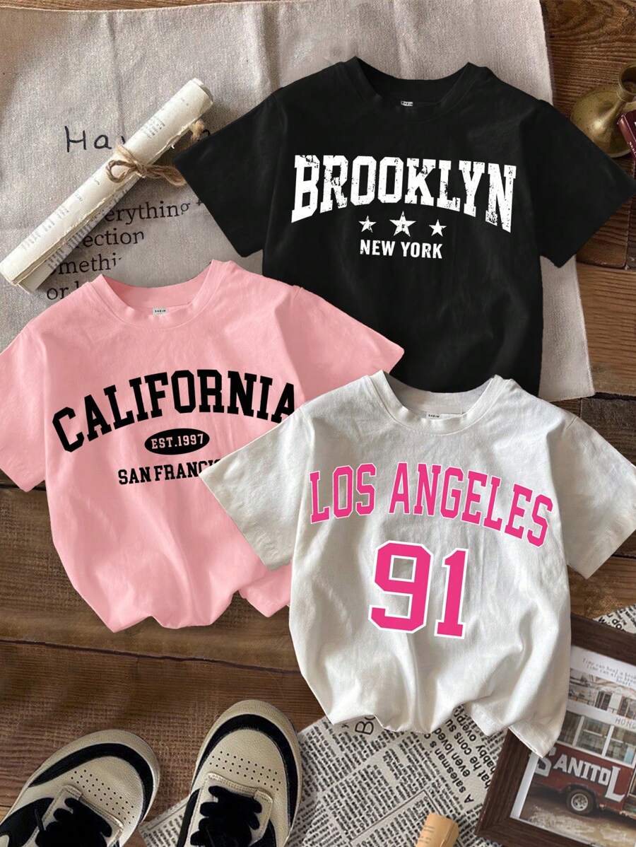 SHEIN Leap Crew ModeFlare Wear 3pcs Casual Cartoon Letter Print Short Sleeve T-Shirt Set For Tween Girls, Summer - Multicolor - View 1