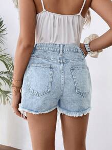SHEIN 孕妇蓝色牛仔不对称破洞短裤 - 淺色水洗藍 - 查看 2