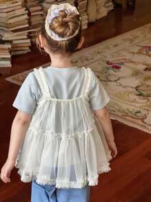 Hapijoa 2pcs/Set Girls(Small) Solid Color Undershirt With Mesh Overlay, Casual Summer Outfit