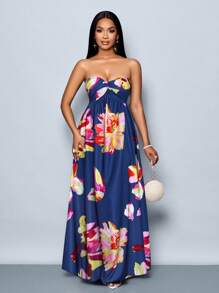SOLERSUN Women's Spring/Summer Floral Print Romantic Beach Vacation Ruched Ruffle Hem Tube Long Dress (Random Floral) - Navy Blue - View 6