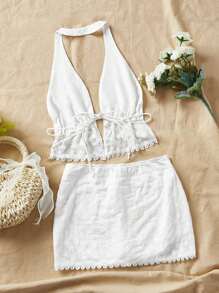 SHEIN PETITE Halter Neck Backless Top And Skirt Set With Cutout Waist - White - View 2