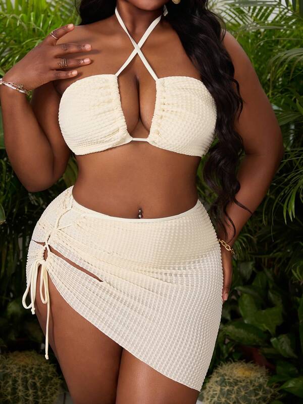 Slaydiva Plus Size Women 3 Pieces Swimsuit Set: Jacquard Solid Color Halter Crop Top, Hollow Out Tie Side Skirt Bottoms For Summer Beach Vacation