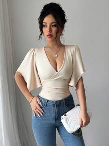 Elenzga Nuevos bodys elegantes para mujer con escote en V, cintura fruncida y mangas de volantes, que resultan favorecedores y encantadores - Albaricoque - Ver 4