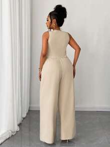 Elenzga 2pcs/Set Plus Size Women's Solid Color Short Vest & Wide Leg Casual Pants