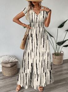 SHEIN LUNE 复古风格休闲度假扎染条纹褶皱盖袖收腰荷叶边下摆 A 字连衣裙，豹纹休闲度假优雅户外装，女士，适合春夏季 - 彩色 - 查看 5