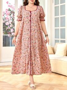 SHEIN Lacomfia 大码女式方领泡泡袖宽松舒适浪漫碎花连衣裙 - 彩色 - 查看 1