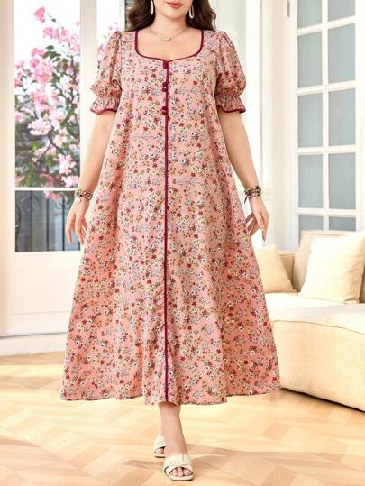 SHEIN Lacomfia فستان برقبة مربعة بأكمام منتفخة فضفاض مريح بنقشة زهور دقيقة رومانسية المقاس الكبير للنساء