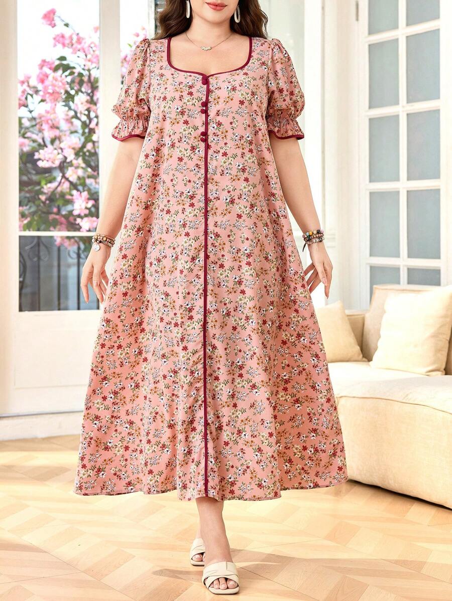 SHEIN Lacomfia 大码女式方领泡泡袖宽松舒适浪漫碎花连衣裙 - 彩色 - 查看 1