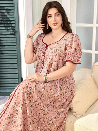 Lacomfia Plus Size Women's Square Neck Puff Sleeve Loose Comfortable Romantic Ditsy Floral Dress