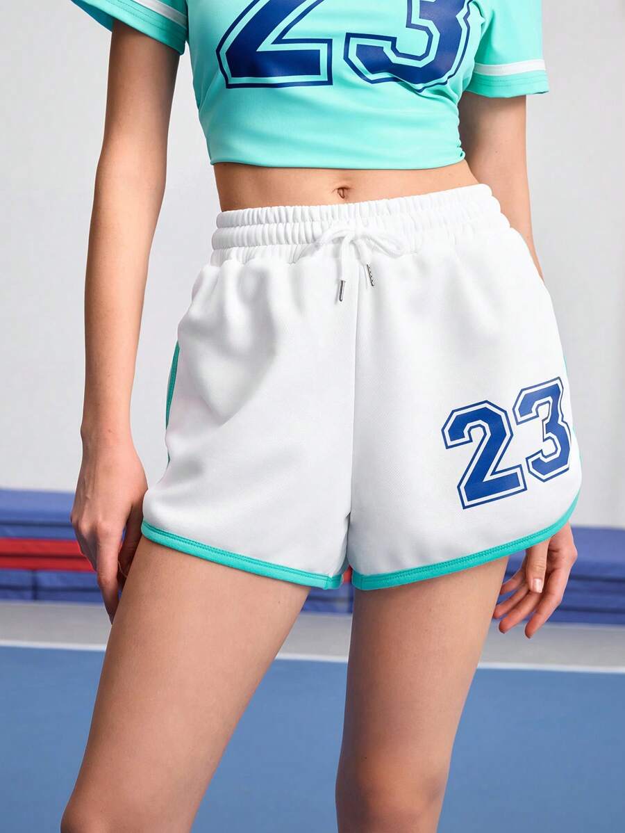 SHEIN Sports Shorts deportivos con estampado de bloques de color para porristas - Blanco - Ver 1