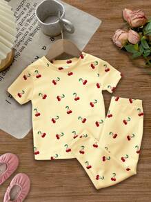 SHEIN Leap Crew Baby Girl Casual Minimalist Snug Fit Round Neck Short Sleeve Pants Pajamas, Suitable For Summer - Multicolor - View 2