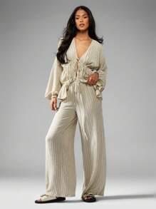 MISSGUIDED Woven Long Sleeve Tie Front Blouse And Wide Leg Trousers Two Piece Co Ord Set - Multicolor - View 1