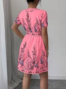 Elenzga 女式植物印花V领泡泡袖束腰连衣裙 - 粉色 - 查看 2