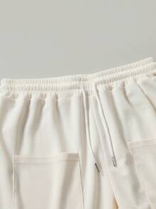 Manfinity Homme 男士休闲标语印花 T 恤和短裤套装，夏季 - 杏色 - 查看 4