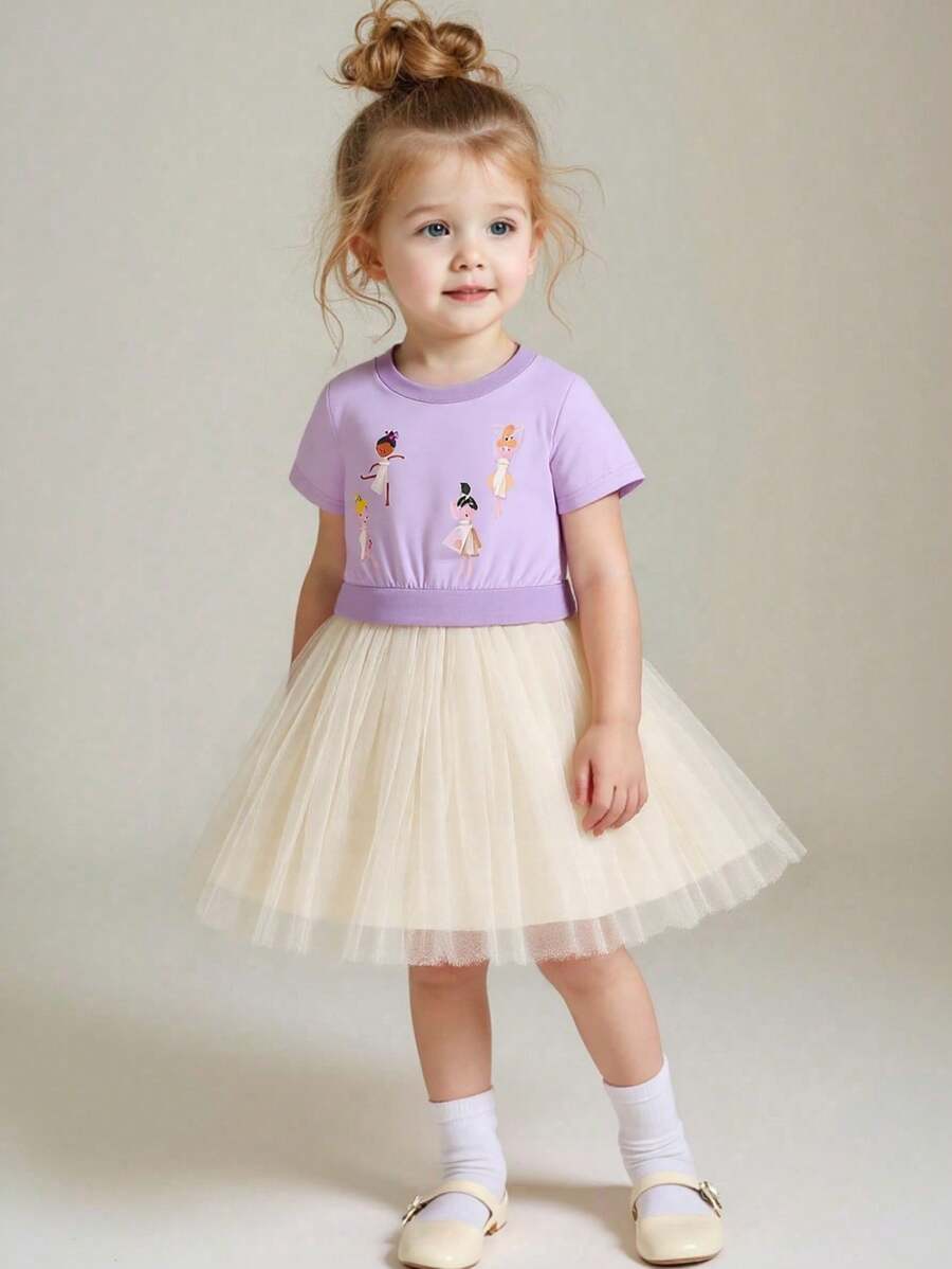 1 件小女孩短袖芭蕾舞者印花网眼拼接分层公主裙，优雅派对生日节日休闲可爱纯色 A 字迷你裙，夏季新品