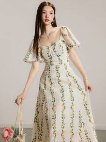 Modelyn Women's Long Dress With Ruffled Sleeves, Romantic Holiday Style, Women's Graduation Dress, Women's Summer Dress, Floral Lemon Print Dress - Multicolor - View 3