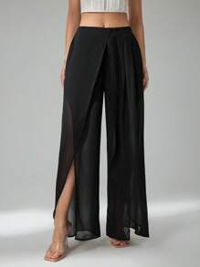 SHEIN Tall Women's Summer Vacation Sheer Split Wide Leg Pants - Black - View 5