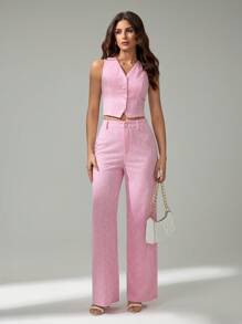 SHEIN Tall 2件套女士夏季通勤休闲前扣背心和裤子套装 - 粉色 - 查看 5