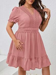 SHEIN VCAY Plus Size Lace Patchwork Puff Sleeve Summer Dress,Sun Dresses For Women - Baby Pink - View 3
