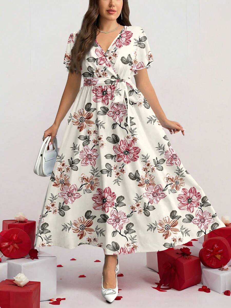 Firerie 休闲简约复古花卉图案宽松大码连衣裙，适合秋冬季 - 彩色 - 查看 1