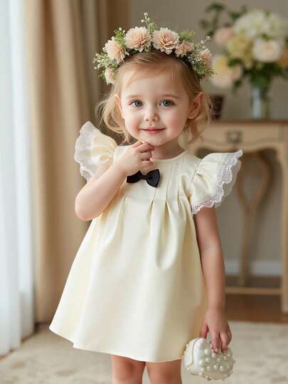 Baby Girls' Cap Sleeve Flounced Dress, With Glossy Floral Trim On Sleeve Cuffs For A Playful Touch. Dress Is Decorated With A Bow On The Bodice, Lively And Adorable To Showcase Baby's Innocent Charm