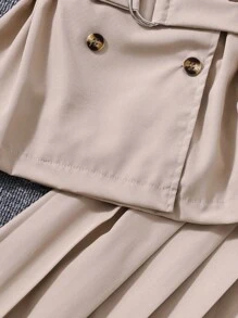 2 件套青少年女孩办公室风格白色拼布杏色短袖褶皱长裙，春夏 - 卡其色 - 查看 7