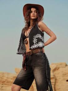 Wildy Summer American Western Rural Resort Black Blouse With Bohemian Woven Ribbon Embroidery, Work Uniform For Teachers Renaissance Fair Country Concert Western Wear Women Bohemia