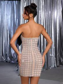 Glamrae Elegant Apricot Handmade Pattern Hot Diamond Tube Top With Black Bow Decoration, Short Style For Formal Occasion,Dinner,Cocktail & Tea Dress - Apricot - View 3